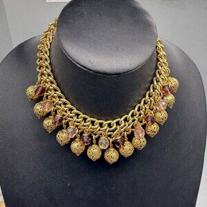 Vintage Gold-Tone Chain Necklace With Filigree & Faceted Bead Accents